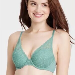 Auden Plunge Coverage Push Up Bra Lace Comfort Wire 34D Green NWT
